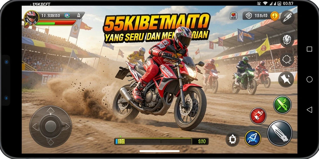 Screenshot gameplay 55KBET menampilkan aksi balap motor yang mendebarkan.