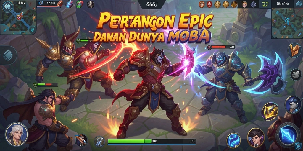 Screenshot dari gameplay intens di arena MOBA 666J
