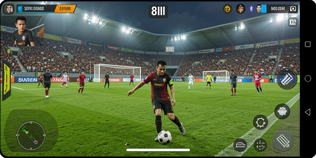 Screenshot gameplay 8II yang menampilkan aksi sepak bola yang mendebarkan.