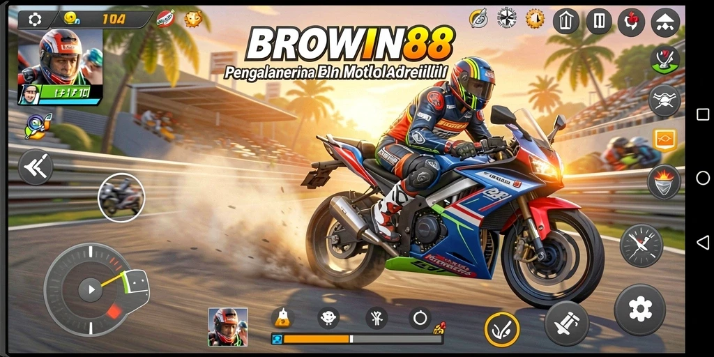 Screenshot utama BROWIN88 menampilkan aksi balap motor yang mendebarkan.