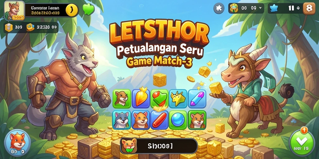 Tampilan seru gameplay LETSTHOR dengan permata berwarna-warni.