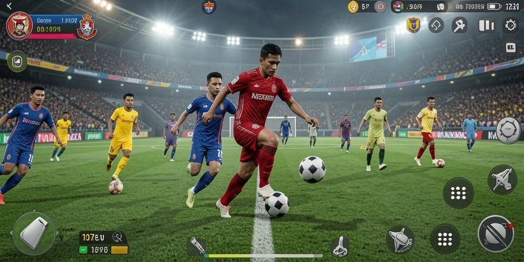Screenshot gameplay MPO76 yang menunjukkan serunya pertandingan sepak bola.