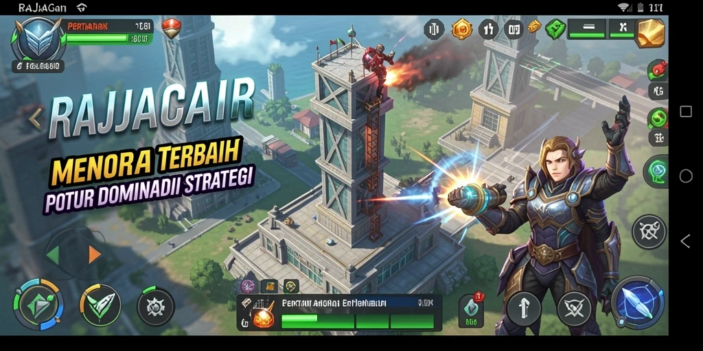 Tampilan gameplay seru RAJACAIR dengan strategi menara yang menarik.