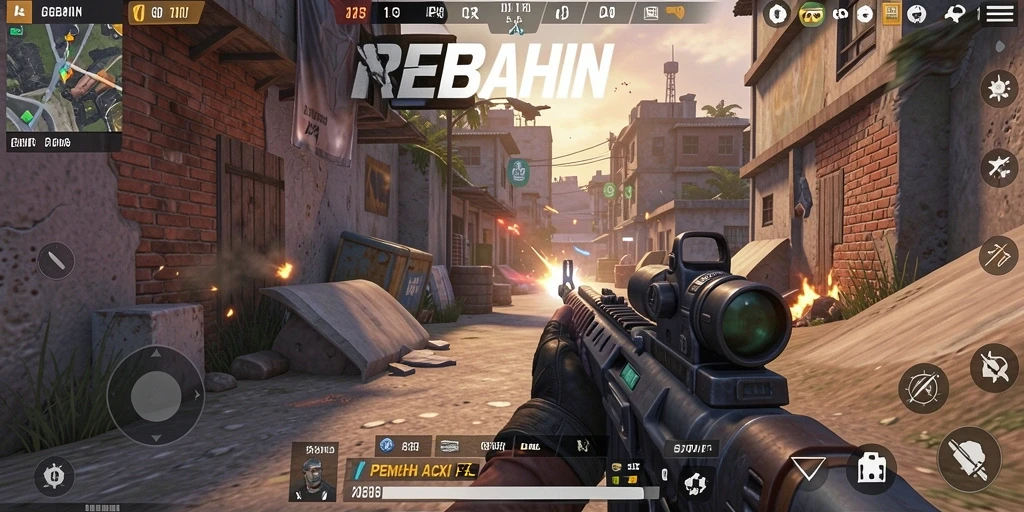 Screenshot gameplay REBAHIN menampilkan aksi tembak-menembak yang intens.