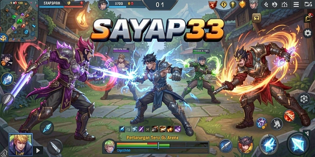 Screenshot menunjukkan serunya gameplay MOBA di SAYAP33 dengan aksi karakter yang dinamis.